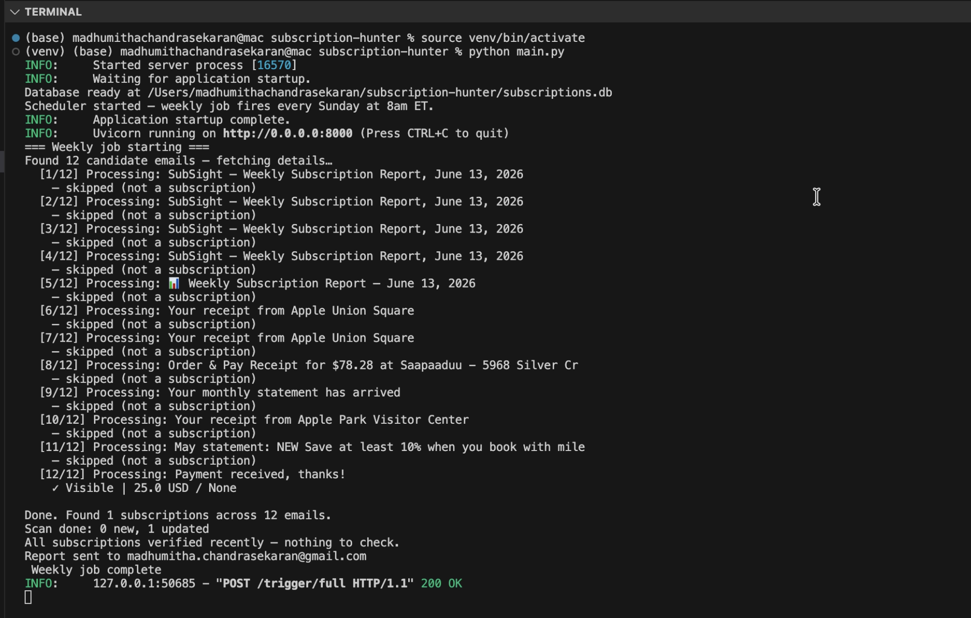 SubSight weekly job terminal output