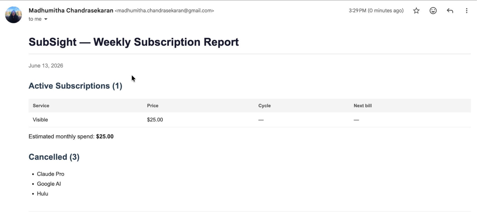 SubSight weekly subscription report email